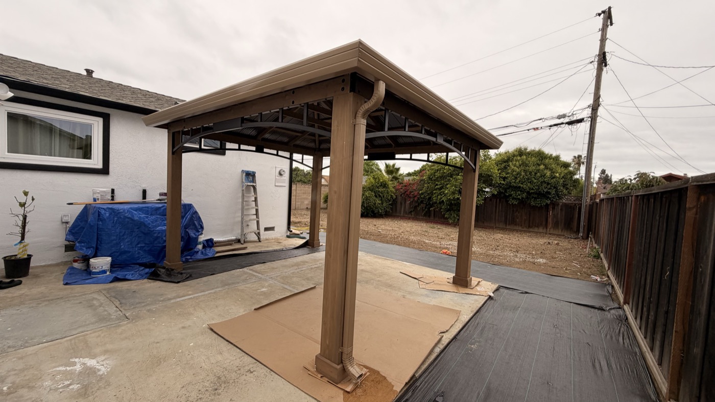Custom gutter and downspout work on a Bay Area patio